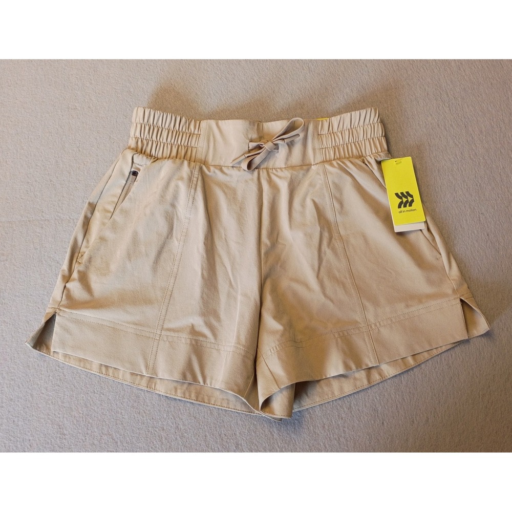 Women's All In Motion Woven Athletic Shorts Khaki‎ With Zipper Pocket Sz XSmall